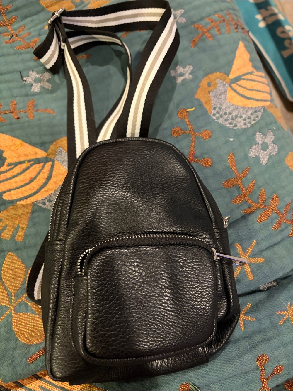 Sondra Roberts Black Mini Leather Crossbody Sling with Striped Strap